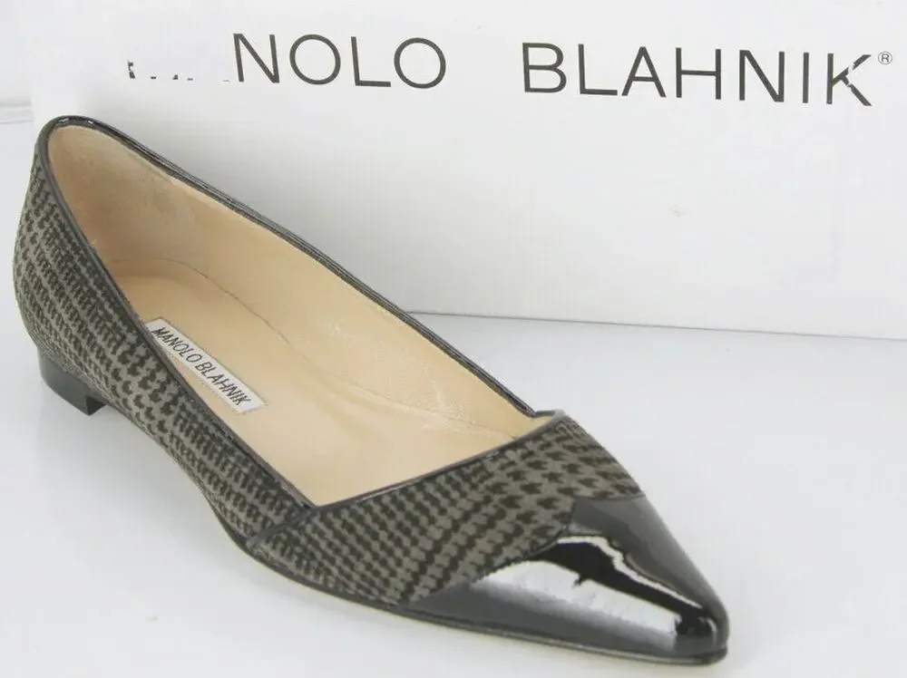 Manolo Blahnik Grey Houndstooth Tweed Ahalaya Cap Toe Ballet Flats